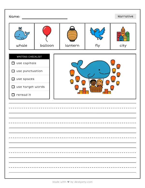 Riding a giant whale-shaped hot air balloon over a city of floating lanterns — real worksheet preview with word bank and writing lines