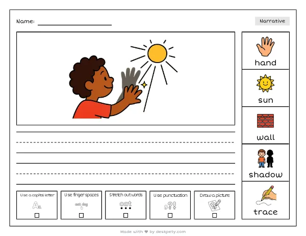 A tiny hand tracing a shadow on a sunny wall — real worksheet preview with word bank and writing lines