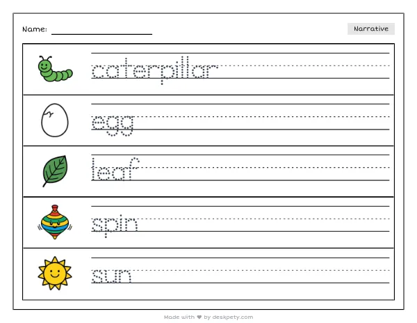 Free printable Kindergarten write and draw worksheet - A caterpillar weaving a silky thread around a twig tracing sentence and coloring page (page 1 of 4)