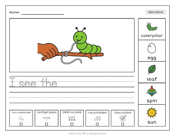 A caterpillar weaving a silky thread around a twig — real worksheet preview with word bank and writing lines