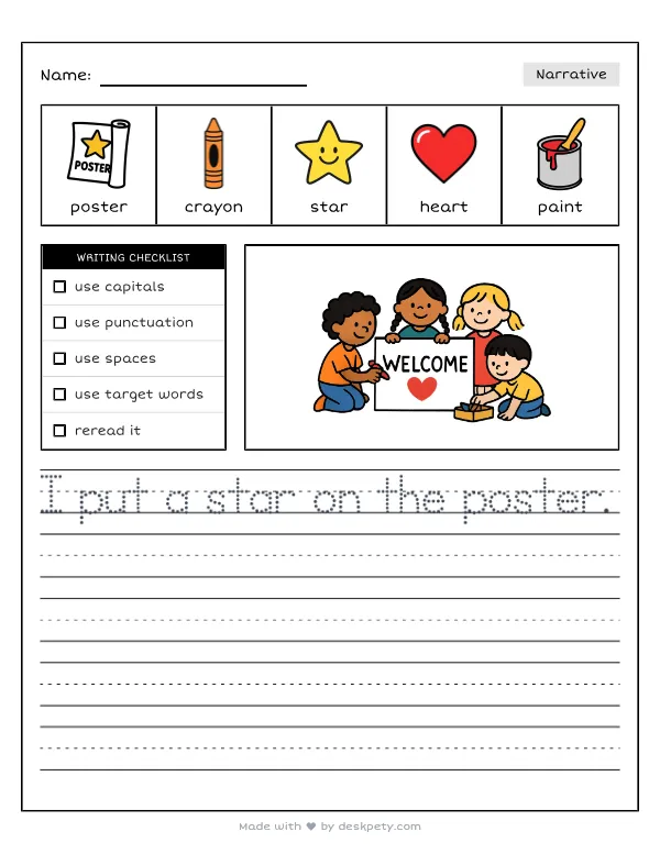 Making a beautiful "Welcome" poster for the classroom wall — real worksheet preview with word bank and writing lines