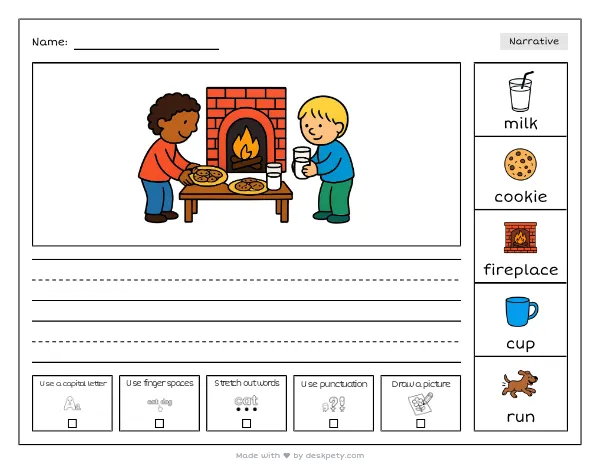 Children leaving cookies and milk by a fireplace — real worksheet preview with word bank and writing lines