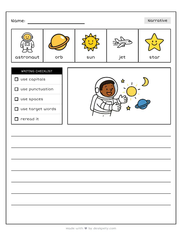 An astronaut playing a game of catch with a slow-moving, glowing orb — real worksheet preview with word bank and writing lines