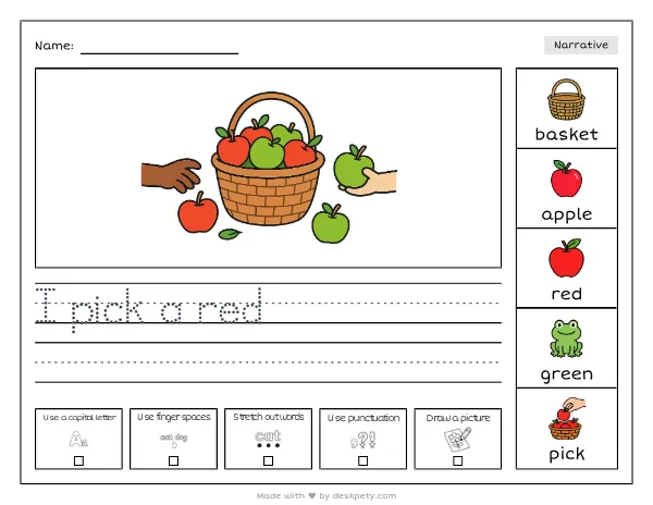 A basket overflowing with green and red apples — real worksheet preview with word bank and writing lines