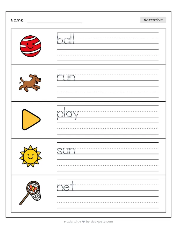 Free printable K-1 narrative writing prompt worksheet - At the park my friends and I with word bank and handwriting lines