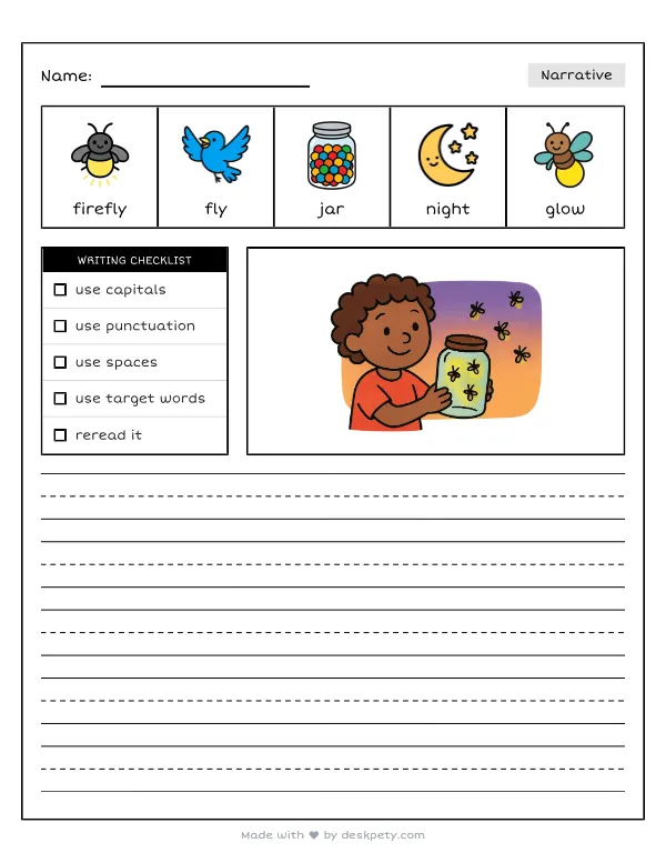Free printable K-1 narrative writing prompt worksheet - At warm summer dusk the glowing fireflies look like with word bank and handwriting lines