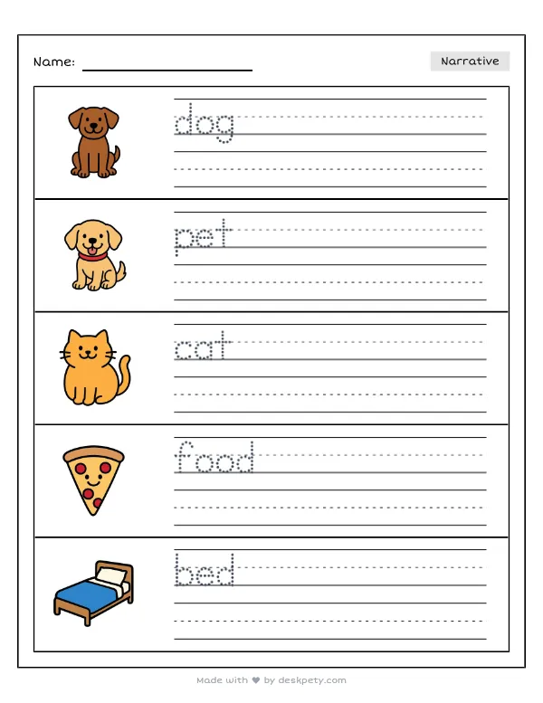 Free printable K-1 narrative writing prompt worksheet - If I could adopt any pet from the shelter with word bank and handwriting lines (page 1 of 5)
