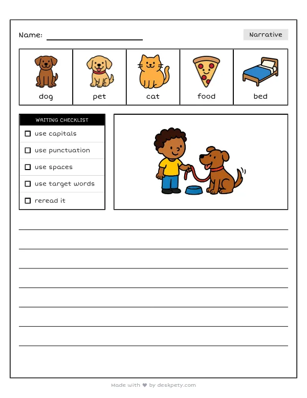 Free printable K-1 narrative writing prompt worksheet - If I could adopt any pet from the shelter with word bank and handwriting lines