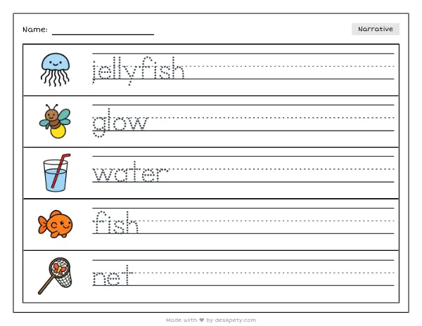 Free printable Kindergarten write and draw worksheet - A glowing jellyfish floats like a tracing sentence and coloring page (page 1 of 4)