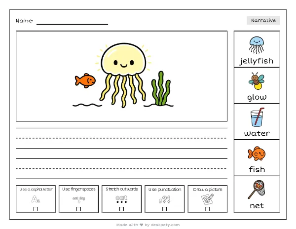 Free printable Kindergarten write and draw worksheet - A glowing jellyfish floats like a tracing sentence and coloring page