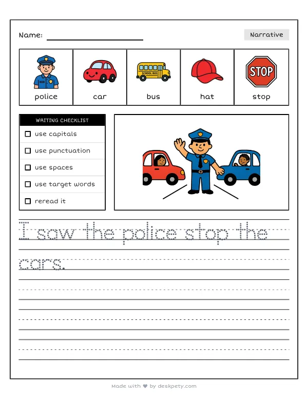 A police officer directing busy cars at a street intersection — real worksheet preview with word bank and writing lines