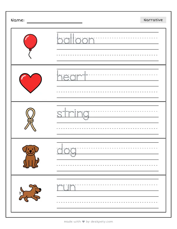Holding a giant, shiny pink heart balloon on a string — real worksheet preview with word bank and writing lines