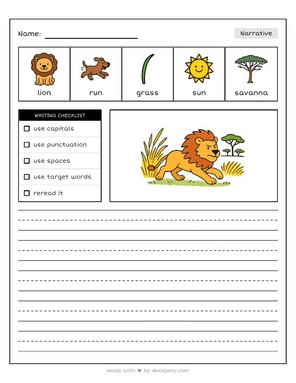 A fierce lion running across the tall grass of the African savanna — real worksheet preview with word bank and writing lines
