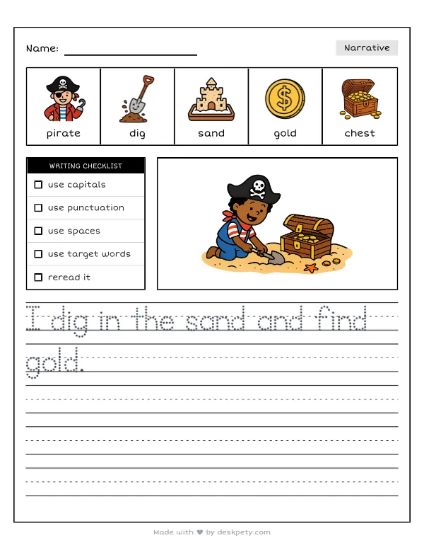 Free printable K-1 narrative writing prompt worksheet - Digging in the warm island sand for buried gold with word bank and handwriting lines