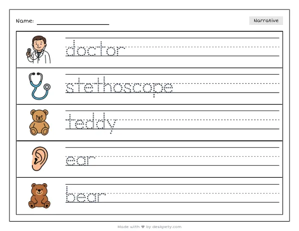 A doctor listening to a teddy bear's heartbeat with a stethoscope — real worksheet preview with word bank and writing lines