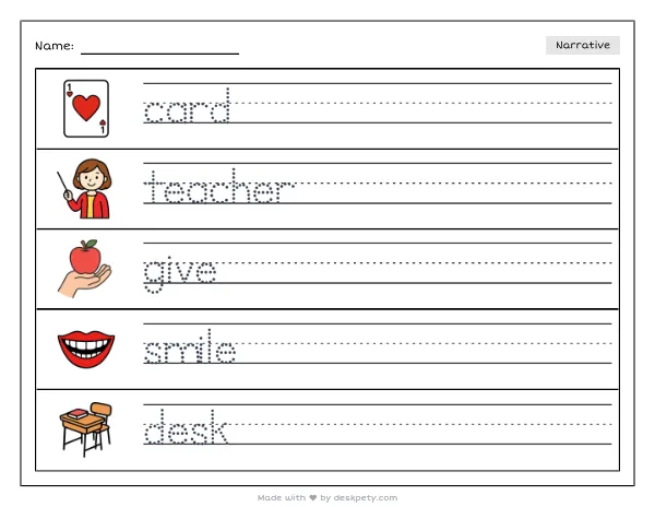 A child giving a handmade card to a smiling teacher — real worksheet preview with word bank and writing lines