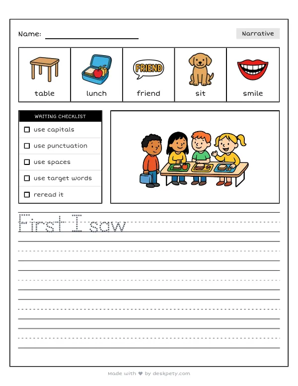 Inviting a new, shy student to sit together at the lunch table — real worksheet preview with word bank and writing lines