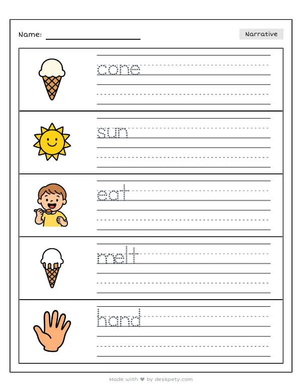 Preview of the eating a melting ice cream cone on a hot sunny day writing worksheet — word bank, tracing lines and checklist (page 1 of 5)