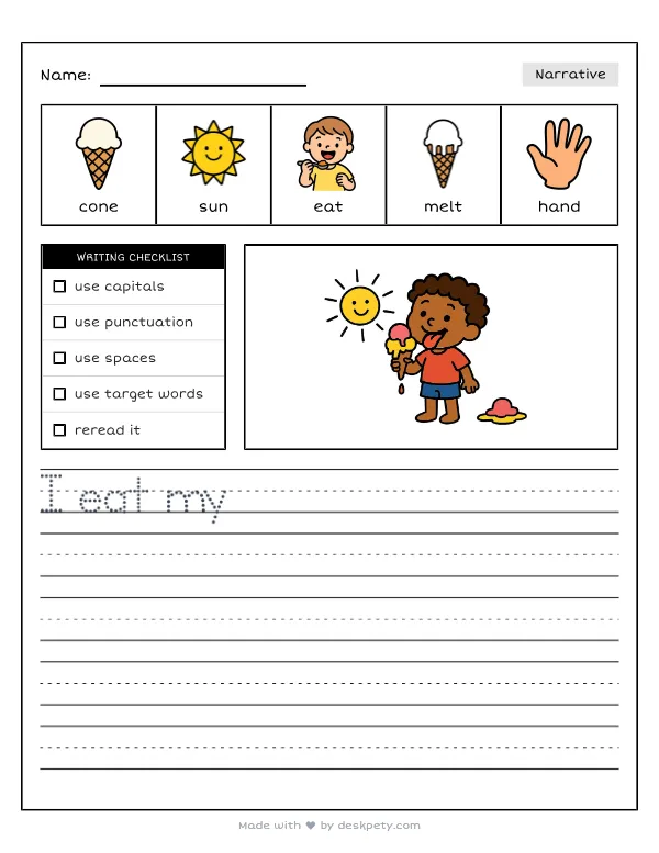 Eating a melting ice cream cone on a hot sunny day — real worksheet preview with word bank and writing lines