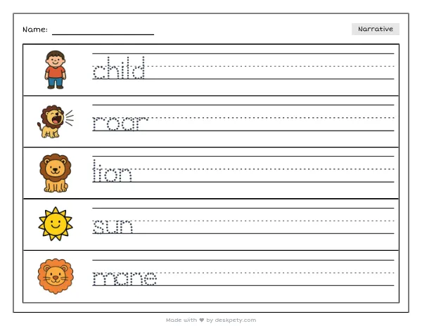 A child wearing a lion's mane roaring at a golden sunset on an African savanna — real worksheet preview with word bank and writing lines