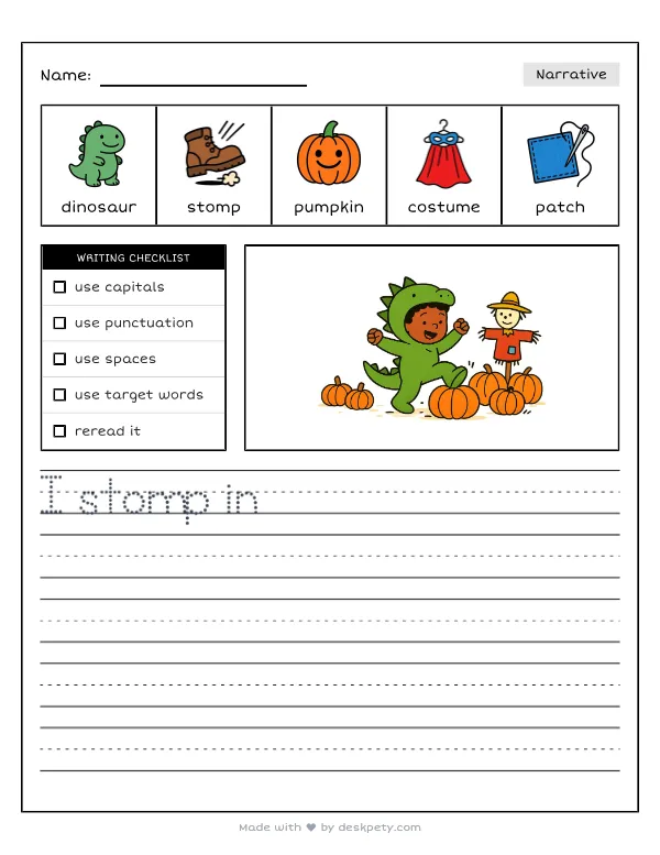 A child in a dinosaur costume stomping through a pumpkin patch — real worksheet preview with word bank and writing lines