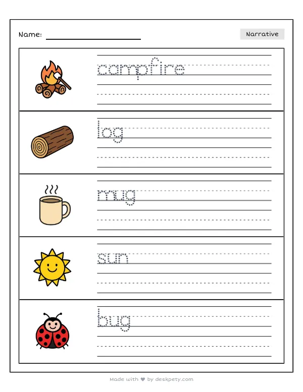 Free printable K-1 narrative writing prompt worksheet - When the campfire crackles softly I feel with word bank and handwriting lines