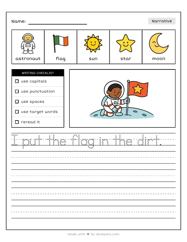 An astronaut planting a bright flag on a distant, icy dwarf planet — real worksheet preview with word bank and writing lines