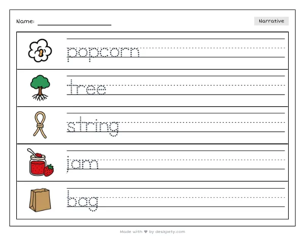 A string of popcorn draped on a pine tree — real worksheet preview with word bank and writing lines