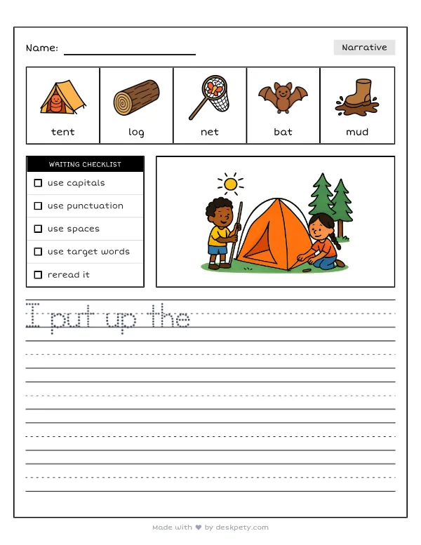 Setting up a camping tent in the middle of the forest — real worksheet preview with word bank and writing lines