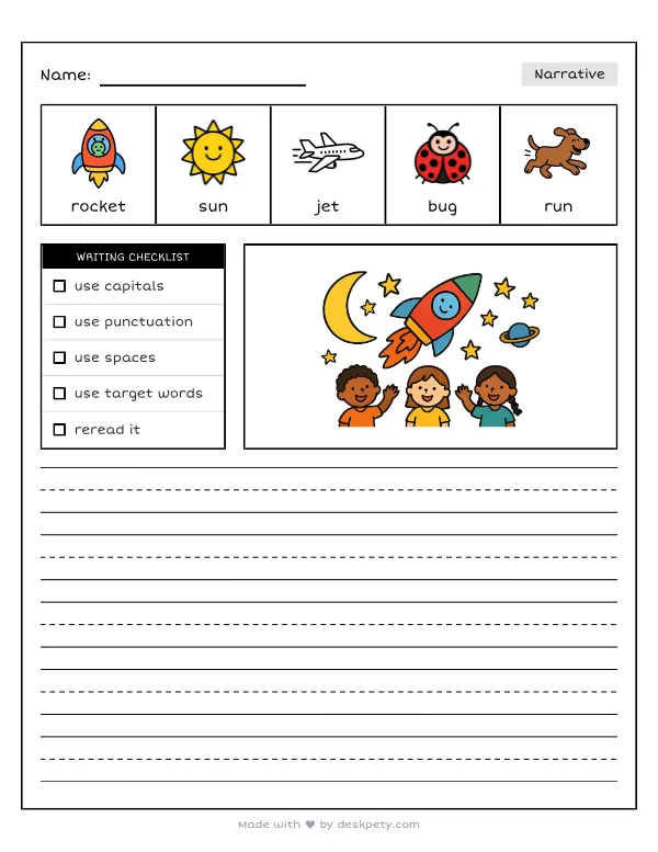 A spaceport with many different types of alien spacecraft — real worksheet preview with word bank and writing lines