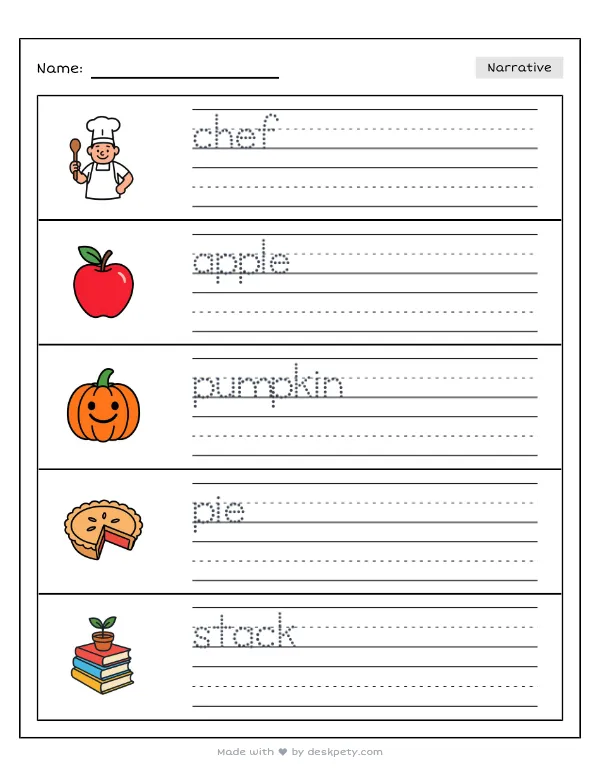 Stacking a tall tower of pumpkin and apple pies on a kitchen counter — real worksheet preview with word bank and writing lines