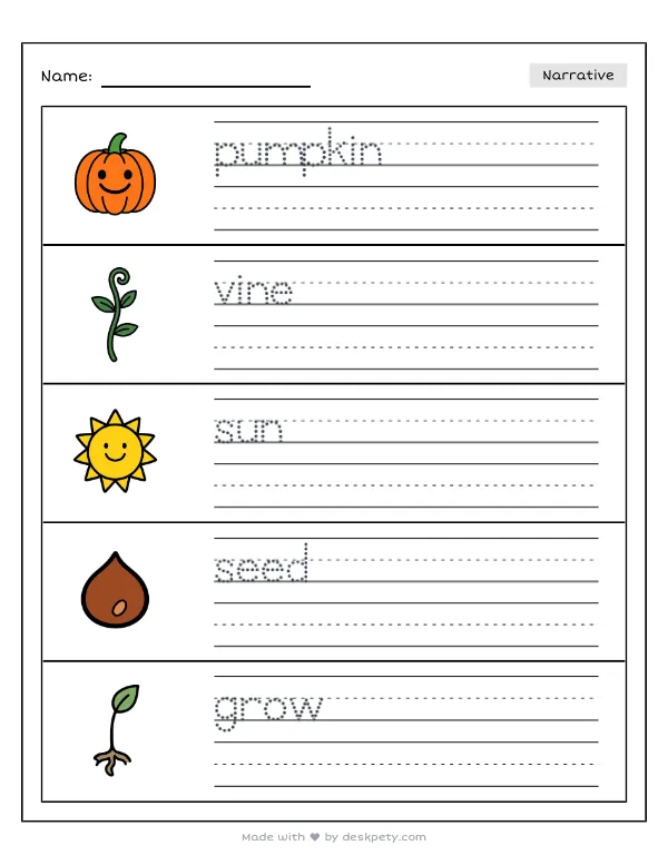 A green vine blooming and growing a giant orange pumpkin — real worksheet preview with word bank and writing lines
