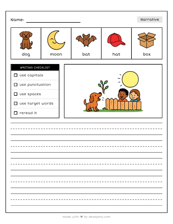 A dog barking at a glowing full moon in a backyard — real worksheet preview with word bank and writing lines
