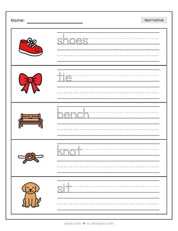 Preview of the a pair of mismatched shoes tied together on a park bench writing worksheet — word bank, tracing lines and checklist (page 1 of 5)