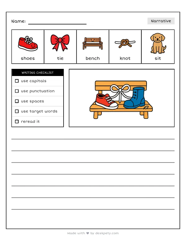 A pair of mismatched shoes tied together on a park bench — real worksheet preview with word bank and writing lines