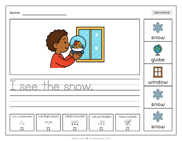 A snow globe held up to a window with real snow falling outside — real worksheet preview with word bank and writing lines