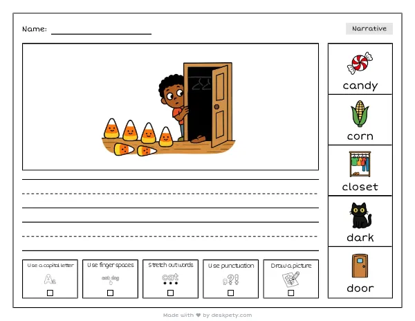 A trail of candy corn leading to a dark, open closet — real worksheet preview with word bank and writing lines