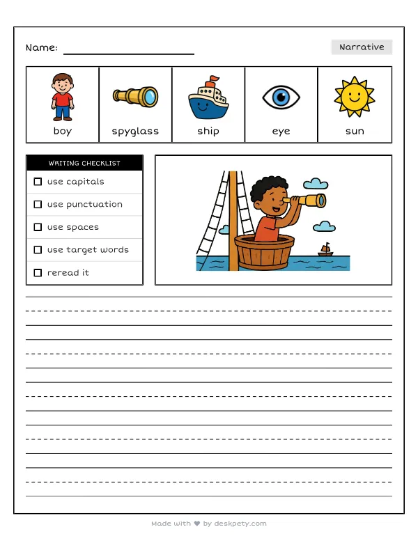 Free printable K-1 narrative writing prompt worksheet - Looking through a brass spyglass from the crows nest with word bank and handwriting lines