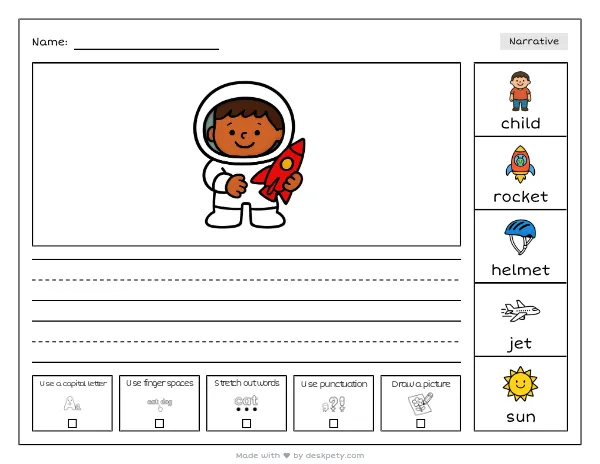A child wearing a spacesuit helmet while holding a toy rocket — real worksheet preview with word bank and writing lines