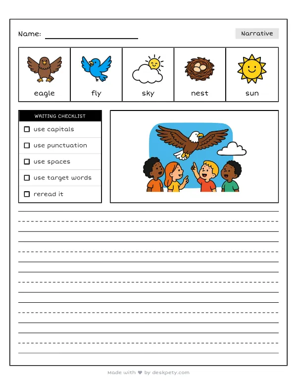 Free printable K-1 narrative writing prompt worksheet - The great bald eagle can fly high above the with word bank and handwriting lines
