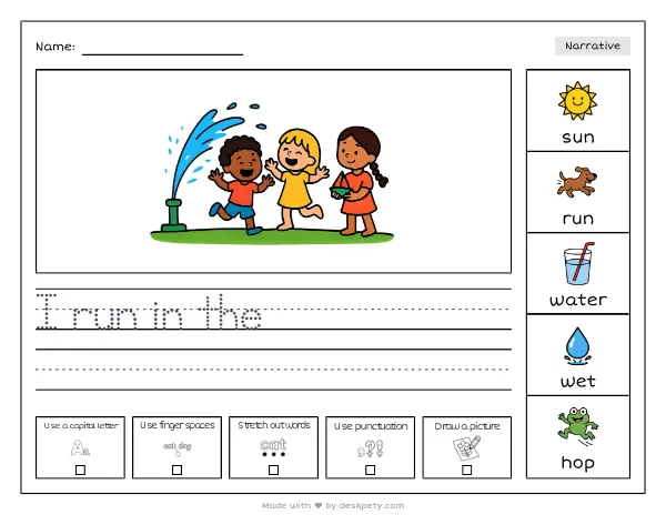 A sprinkler spraying water over a sunny lawn — real worksheet preview with word bank and writing lines