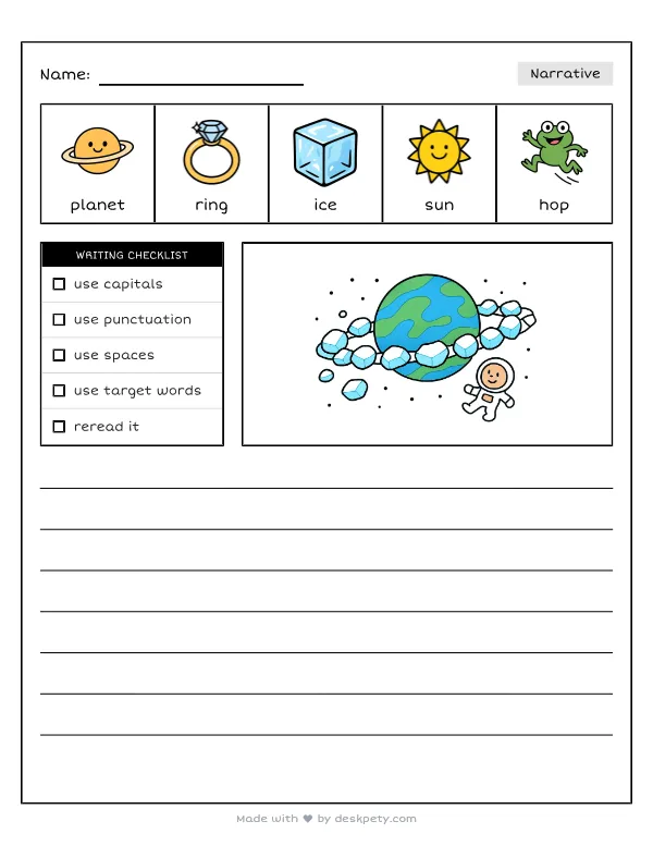 A planet with a ring of giant, floating ice chunks — real worksheet preview with word bank and writing lines