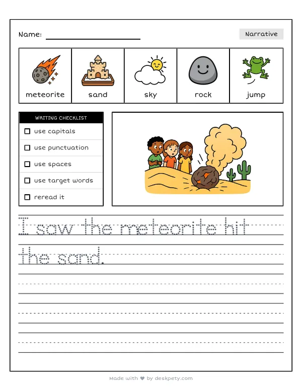 A meteorite crashing into a desert, kicking up a huge cloud of sand — real worksheet preview with word bank and writing lines