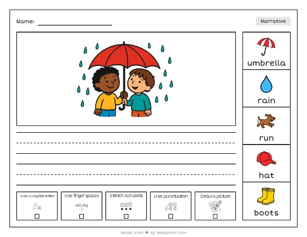 Two children sharing one umbrella in the rain — real worksheet preview with word bank and writing lines