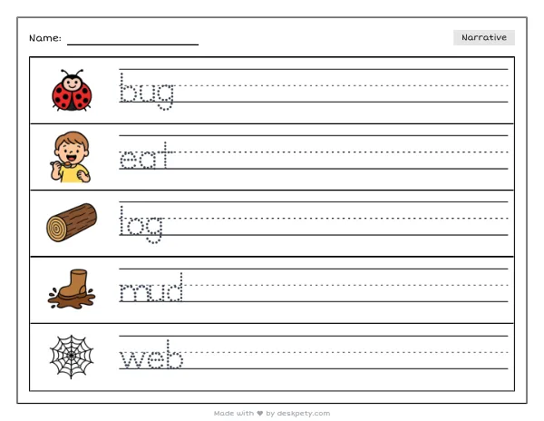 A beetle larva tunneling through a rotting tree stump — real worksheet preview with word bank and writing lines