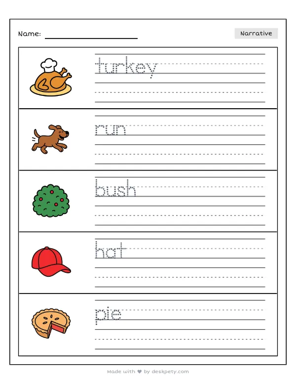 A funny turkey trying to run away and hide in the bushes — real worksheet preview with word bank and writing lines