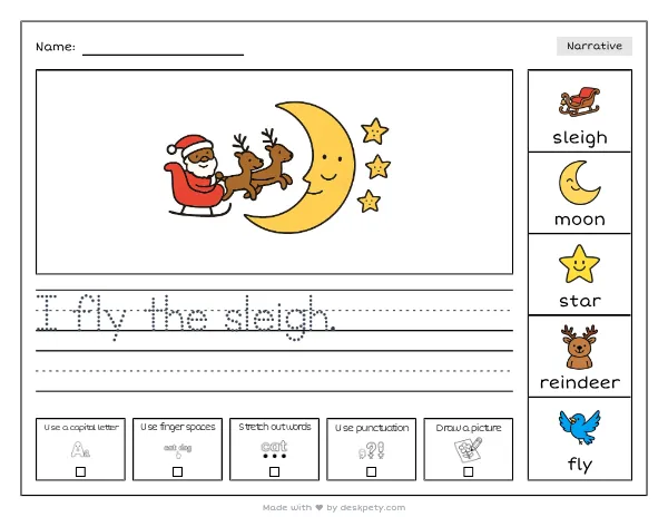 Santa's sleigh flying over a crescent moon — real worksheet preview with word bank and writing lines