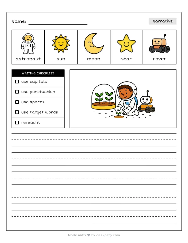 A lunar base with a greenhouse and a small rover parked outside — real worksheet preview with word bank and writing lines