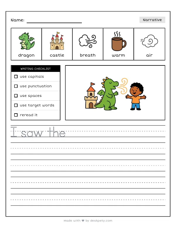 Free printable K-1 narrative writing prompt worksheet - The friendly green dragon breathed warm with word bank and handwriting lines