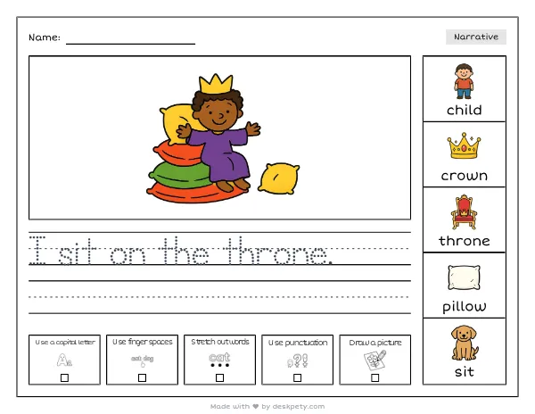 A child with a crown and a long purple robe sitting on a throne made of pillows — real worksheet preview with word bank and writing lines